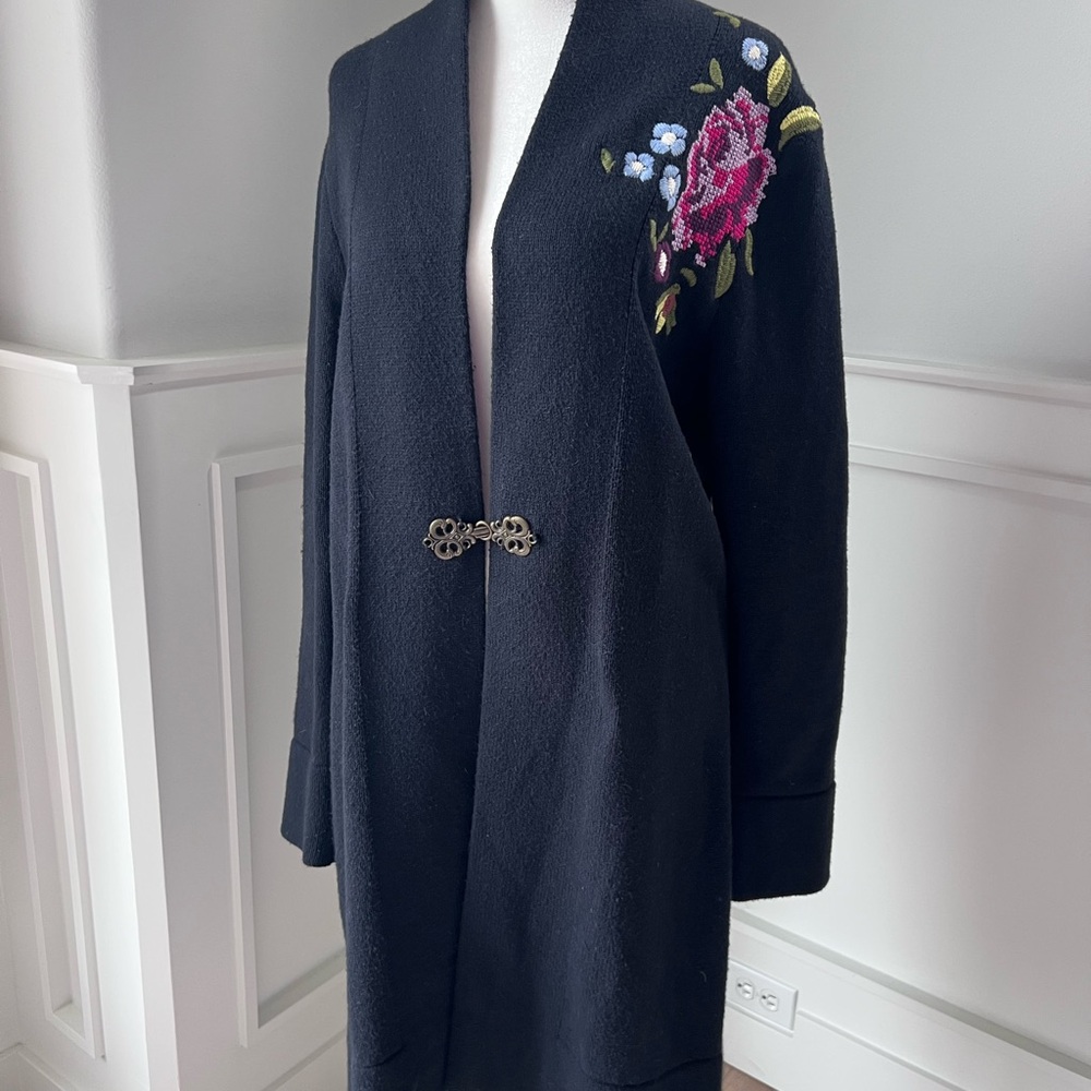 Soft Surroundings Black Cardigan with Floral Embroidery - Picture 2 of 13